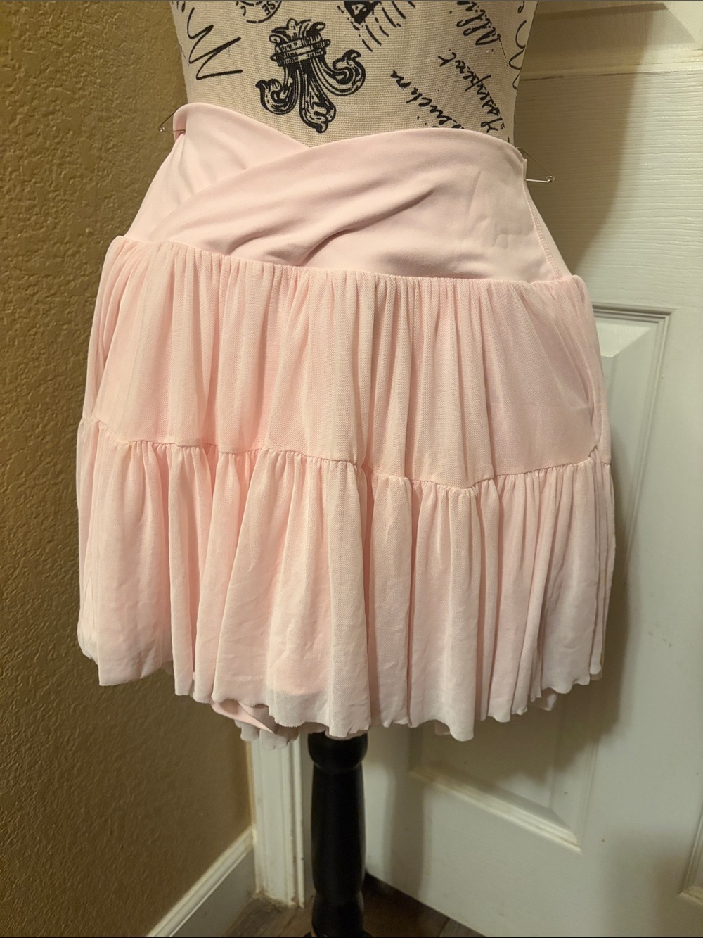 Soft Tiered Pink Skort with Ruched Crossover Waist